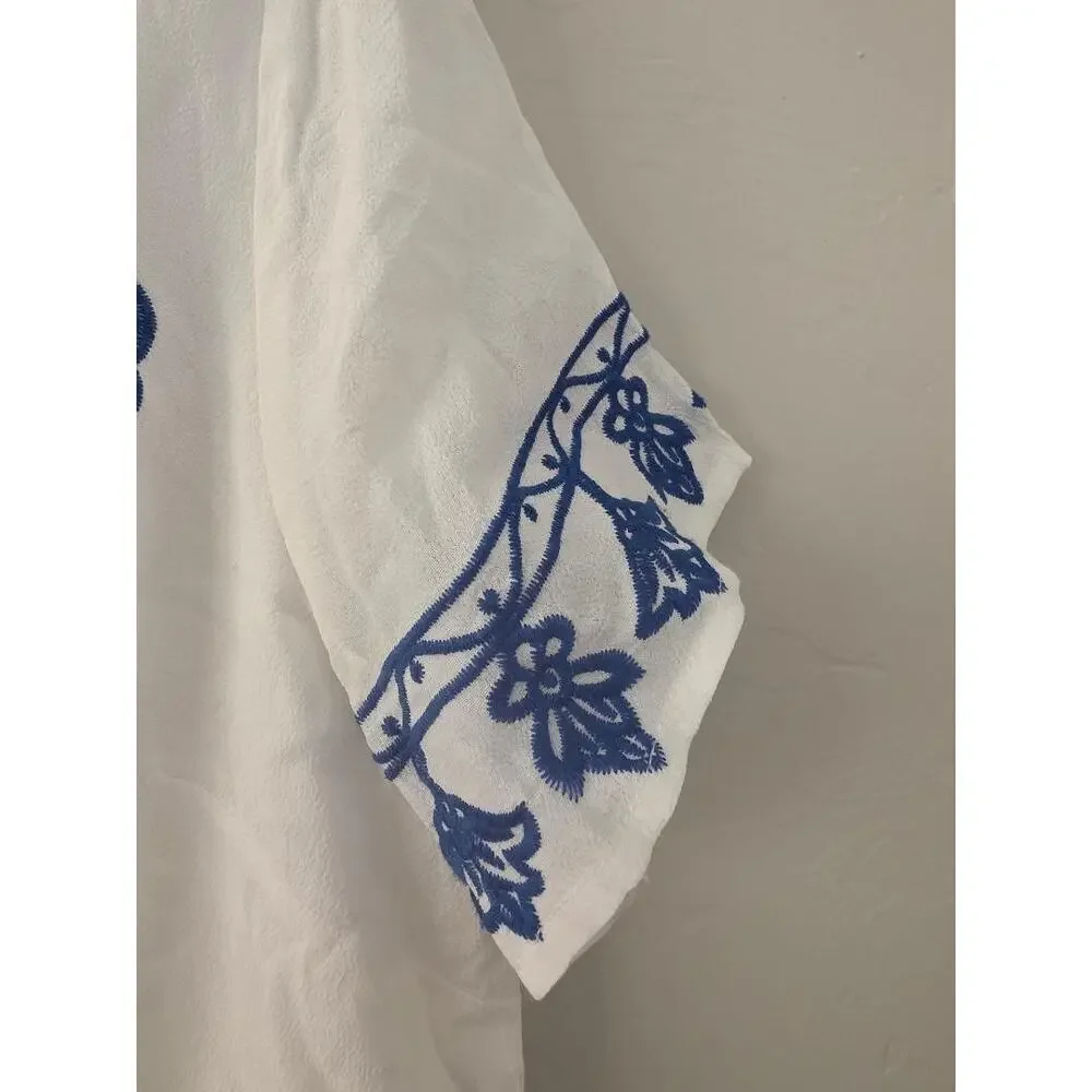 Lulus White Blue Embroidered Dress Coastal Mediterranean Tunic Shift Size L